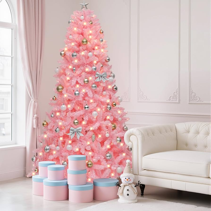 YITAHOME 7.5 FT Prelit Pink Spruce Artificial Christmas Tree, Pink Hinged Christmas Tree with 135... | Amazon (US)