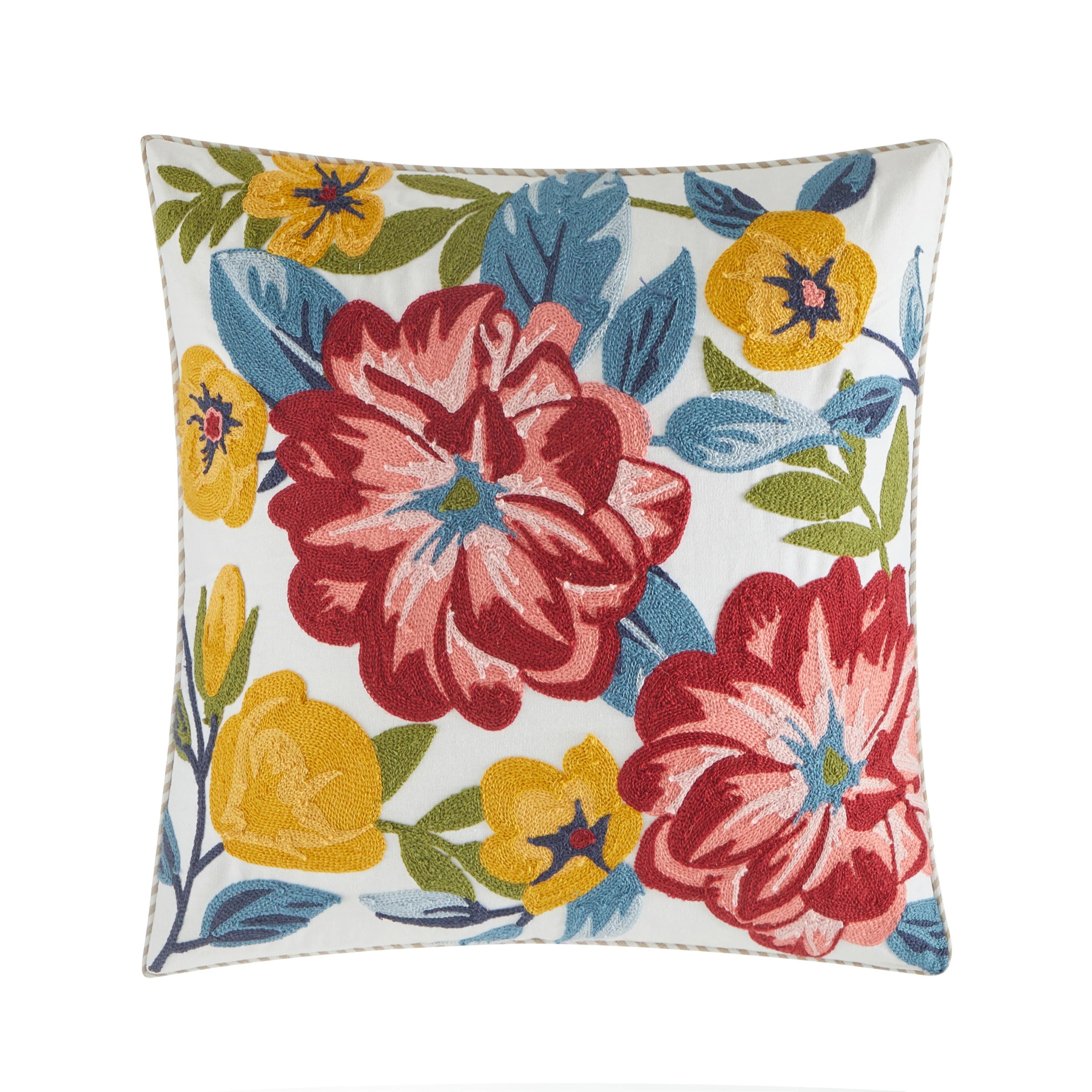 Mainstays 100% Cotton Canvas Reverse to Yarn Dye Embroidered Ambreta Flower Pillow, 18" x 18" - W... | Walmart (US)