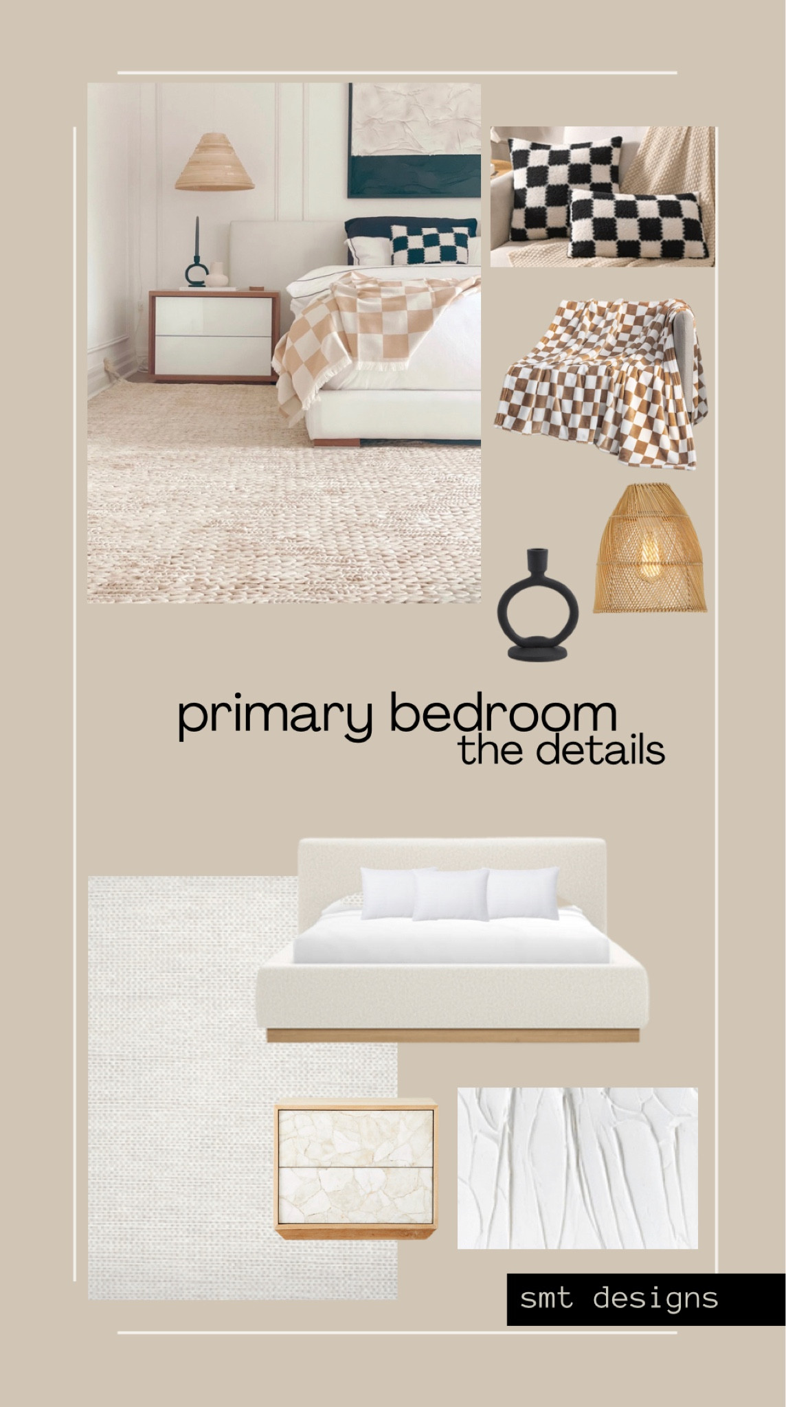 All the details from my primary bedroom, complete with a white upholstered bed with wood vase, neutral area rug, rattan pendant lamp, scandi tapered candle holder, checkered blanket and pillow cases, and modern nightstand  

#LTKSeasonal #LTKunder50 #LTKhome