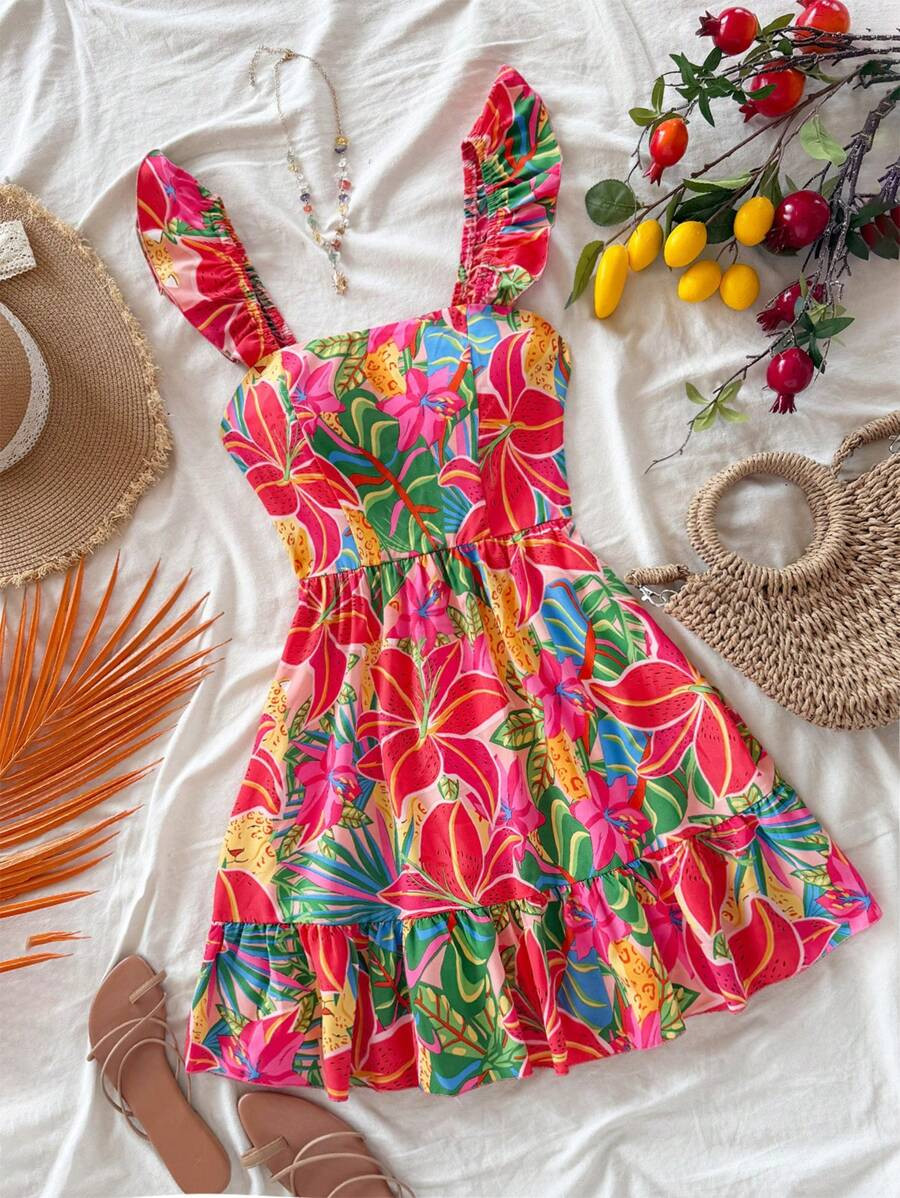 Soleia Women's Tropical Floral Print Casual Loose Dress With Wide Straps Beach Vacation Outfits S... | SHEIN