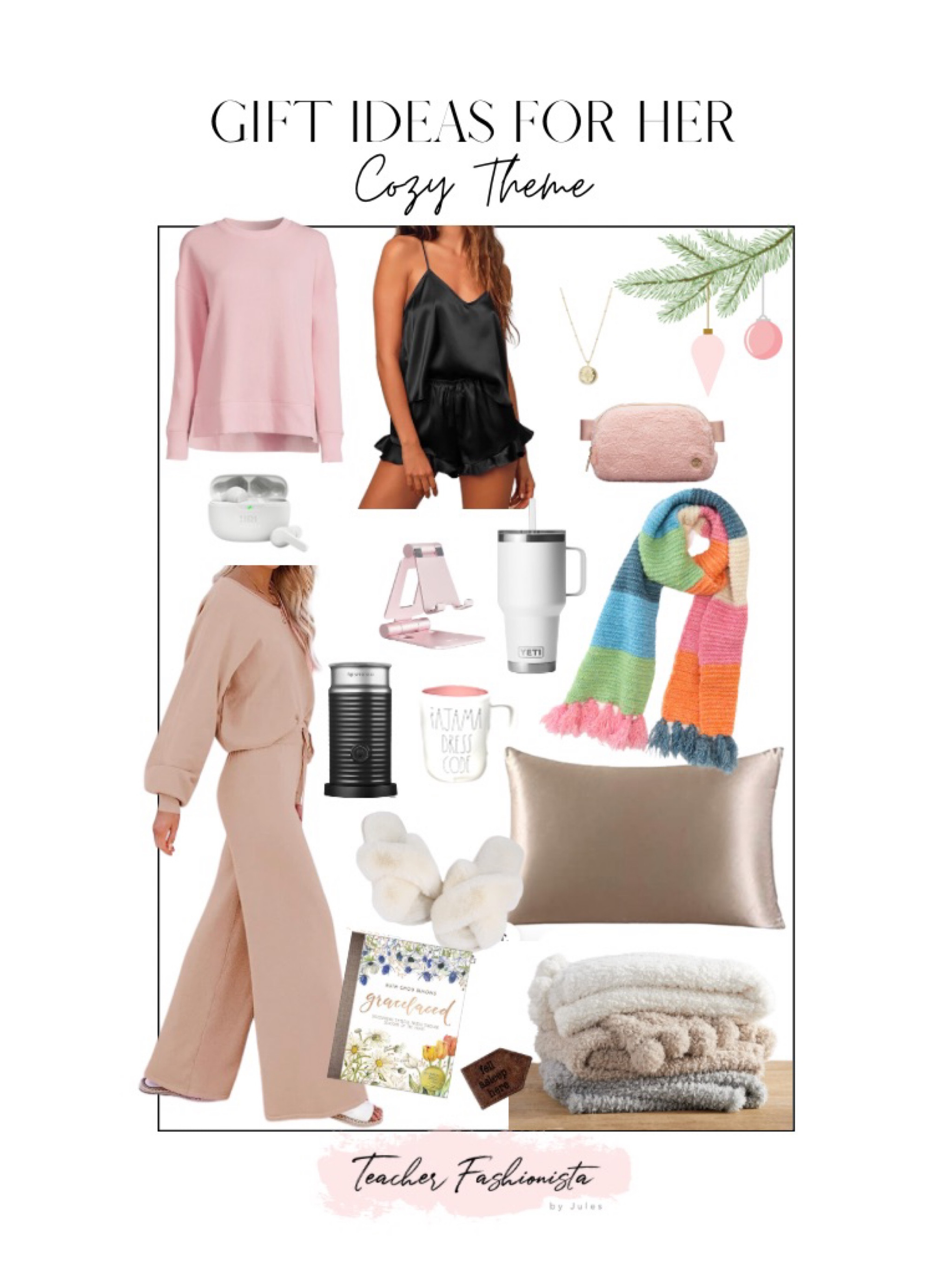 Gifts for her (cozy, lounge set, scarf, silk pillowcase, sweatshirt, blanket, coffee, frother, slippers)



#LTKGiftGuide #LTKCyberWeek #LTKsalealert