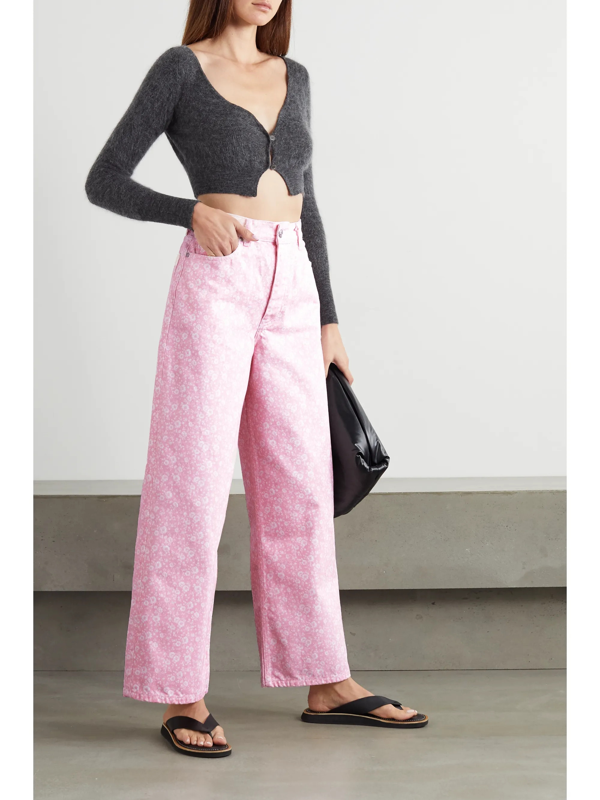 Baby pink + NET SUSTAIN floral-print high-rise wide-leg jeans | GANNI | NET-A-PORTER | NET-A-PORTER (US)