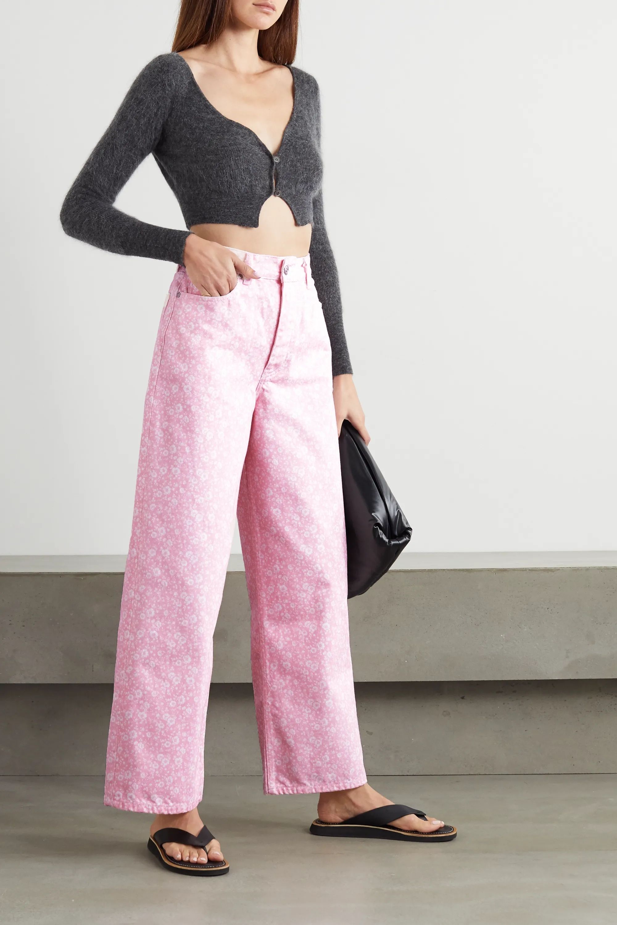 Baby pink + NET SUSTAIN floral-print high-rise wide-leg jeans | GANNI | NET-A-PORTER | NET-A-PORTER (US)