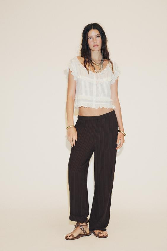 EMBROIDERED GAUZE BOW CROP TOP | Zara US