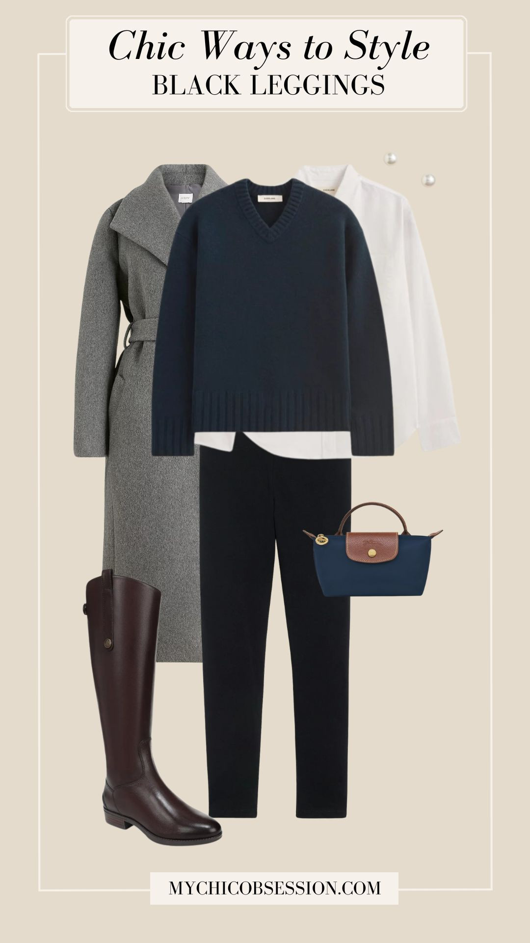 Style black leggings in a layered look with a crisp Oxford, a v-neck sweater, a wool wrap coat, and riding boots. 

 #LTKSeasonal