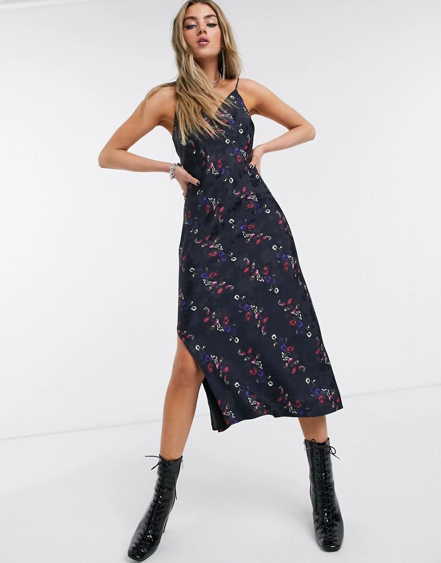 AllSaints melody spirit floral print scoop back midi slip dress-Black | ASOS (Global)