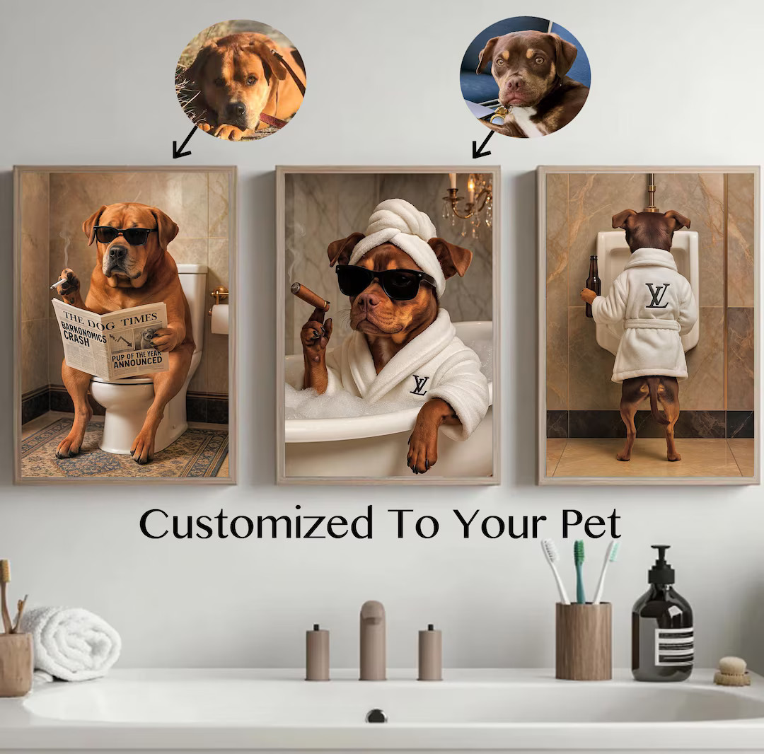 Custom Pet Portrait, Funny Dog Bathroom Art, Personalized Dog or Cat Gift, Dog Wall Art, Dog Read... | Etsy (US)