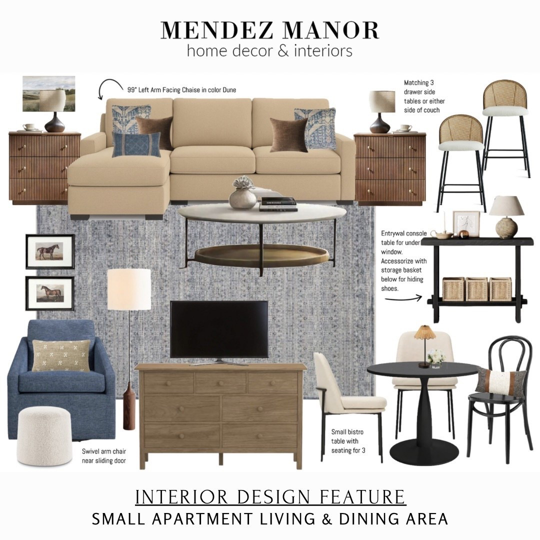Working on a new home design concept for a small apartment joint living room & dining room space. 

Designing open concept homes is a specialty of mine! I love creating cohesion through color, texture, pattern, and style. 🙌🏻

Here we are using a two seater couch plus chaise from Ashley Home Store. The denim blue area rug will ground the space and give us a color to repeat throughout. 

The 35” round dining table is perfect for a small space and I love the dining chairs. 

With my virtual interior design services I am able to help my clients create a professional level of design within their home. 

When you work with me you will go from being stuck in a Pinterest rabbit hole to having a clear vision, mapped out plan & expert guidance for creating a home you dream of! 

Click the link in bio to learn more about my FREE Discovery Call!

#LTKHome #LTKSaleAlert #LTKStyleTip