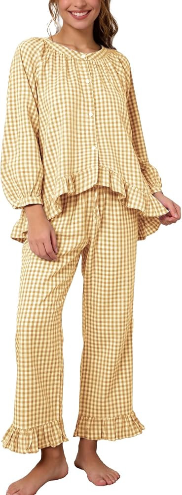 Flygo Womens Plaid Pajamas Sets 2 Piece Cotton Pj Set Puff Sleeve Ruffle Babydoll Shirt Gingham P... | Amazon (US)