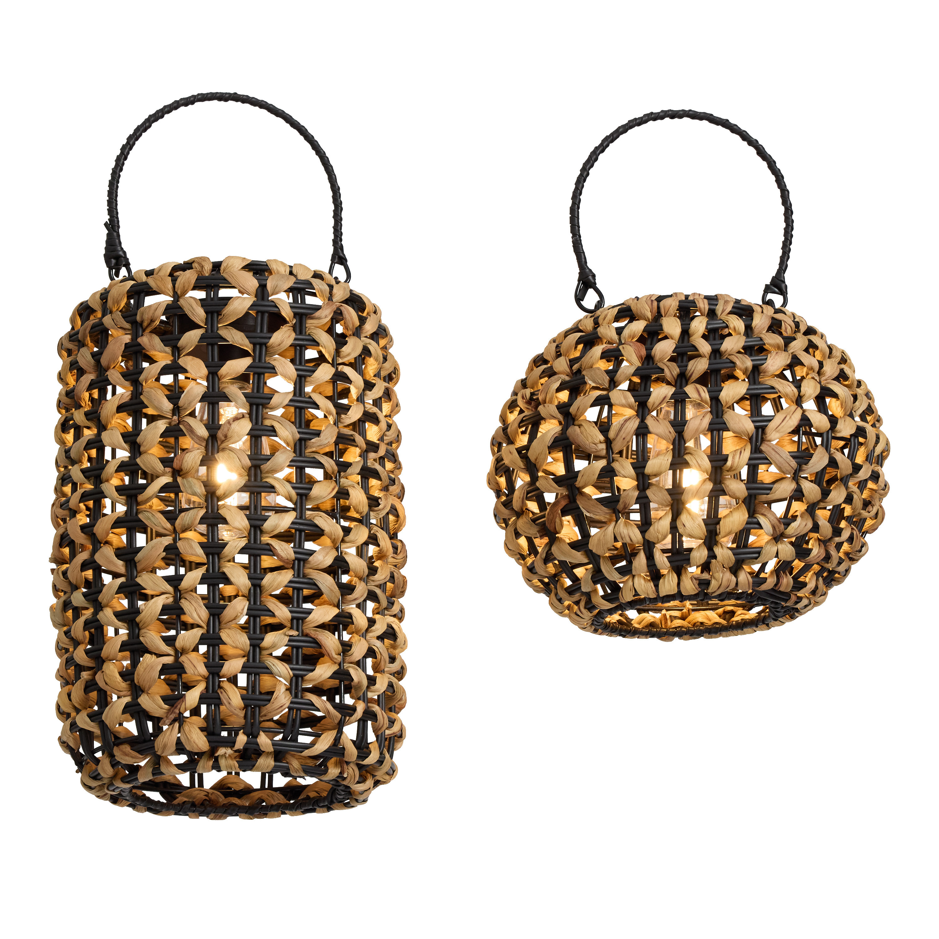 Black and Natural Woven Water Hyacinth Solar LED Lantern | World Market