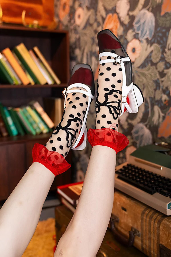 Sock Candy Polka Dot Bow Ruffle Sheer Sock in Oyster, Women's at Urban Outfitters | Urban Outfitters (US and RoW)