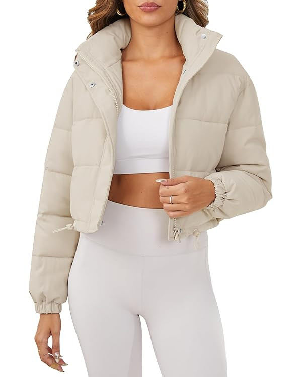Women's Cropped Puffer Jacket Long Sleeve Puffy Coat Stand Collar Zip UP Quilted Padded Drawstrin... | Amazon (US)