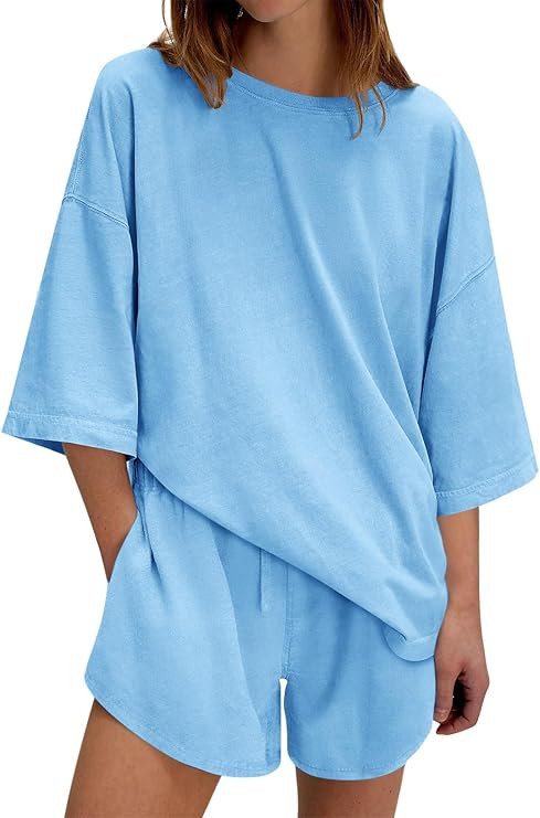 Tankaneo Womens 2 Piece Shorts Set Summer Casual Half Sleeve Tunic Tops High Waisted Shorts Loung... | Amazon (US)