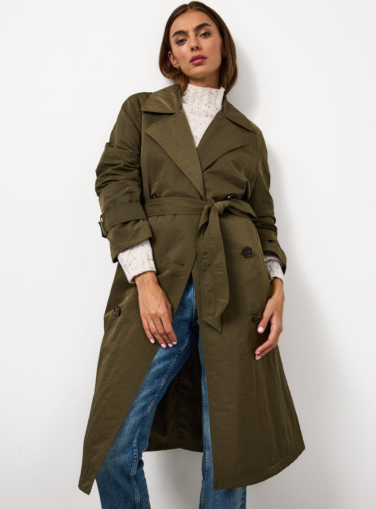 Khaki Crinkle Textured Trench Coat | Tu Clothing