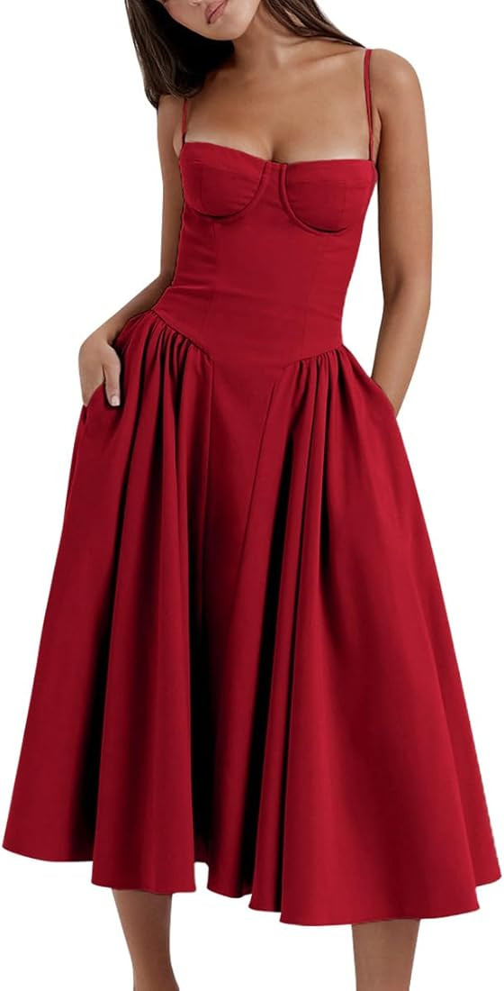 Women’s Corset Dress Sexy Spaghetti Strap Bustier Midi Dress Low Cut Flowy Pleated Hem Formal D... | Amazon (US)