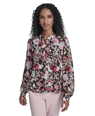 Women's Floral Ruffle Placket Top | Macy's