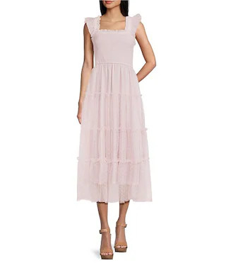 Lace Square Neck Sleeveless Tiered Midi Dress | Dillard's