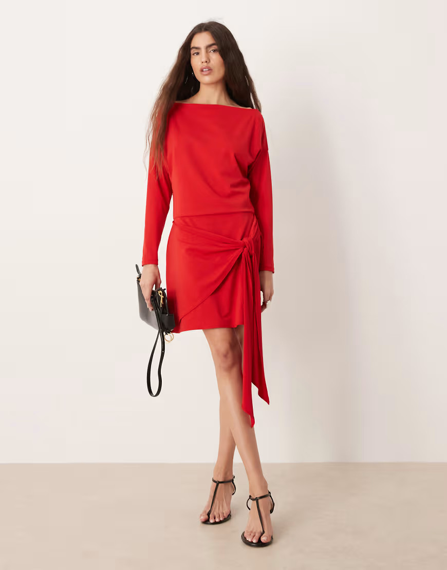 Abercrombie & Fitch slash neck long sleeve mini dress with tie up front detail in red | ASOS (Global)