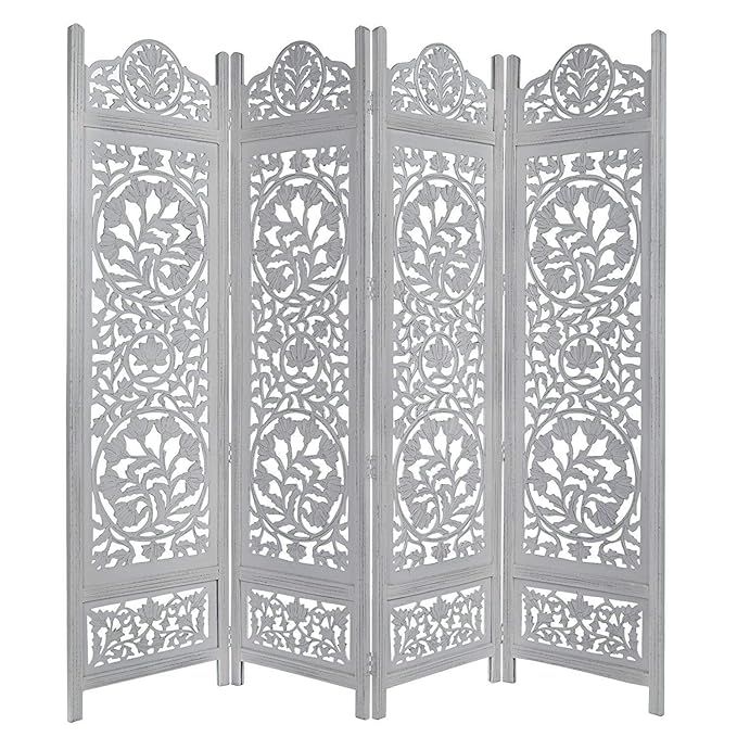 Cotton Craft Kamal The Lotus Antique White 4 Panel Handcrafted Wood Room Divider Screen 72x80, In... | Amazon (US)