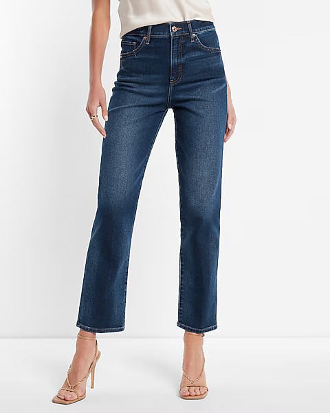 High Waisted Dark Wash Straight Ankle Jeans | Express