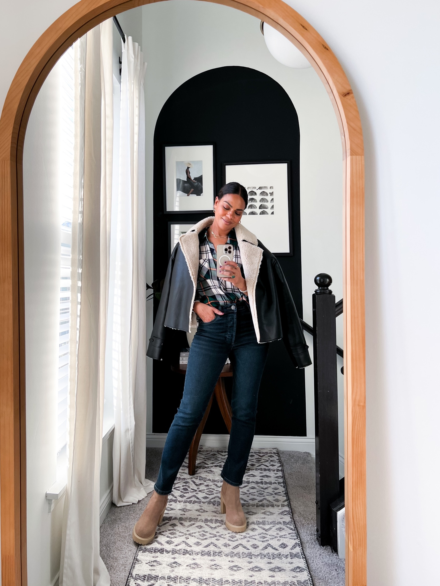 Fleece lined bomber Air Force jacket with plaid button down top (size up in top and jacket for roomy fit). Straight denim is tts. Heel suede Chelsea boots. Tts  

#LTKCyberweek #LTKGiftGuide #LTKHoliday