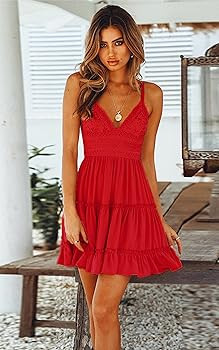 ECOWISH Summer Dresses for Women 2026 V-Neck Spaghetti Strap Bowknot Backless Sleeveless Lace Min... | Amazon (US)