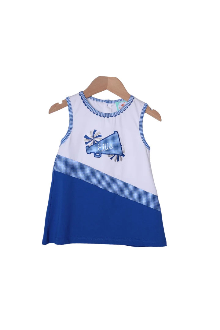 Embroidered Cheer Blue and White Dress | The Smocked Flamingo
