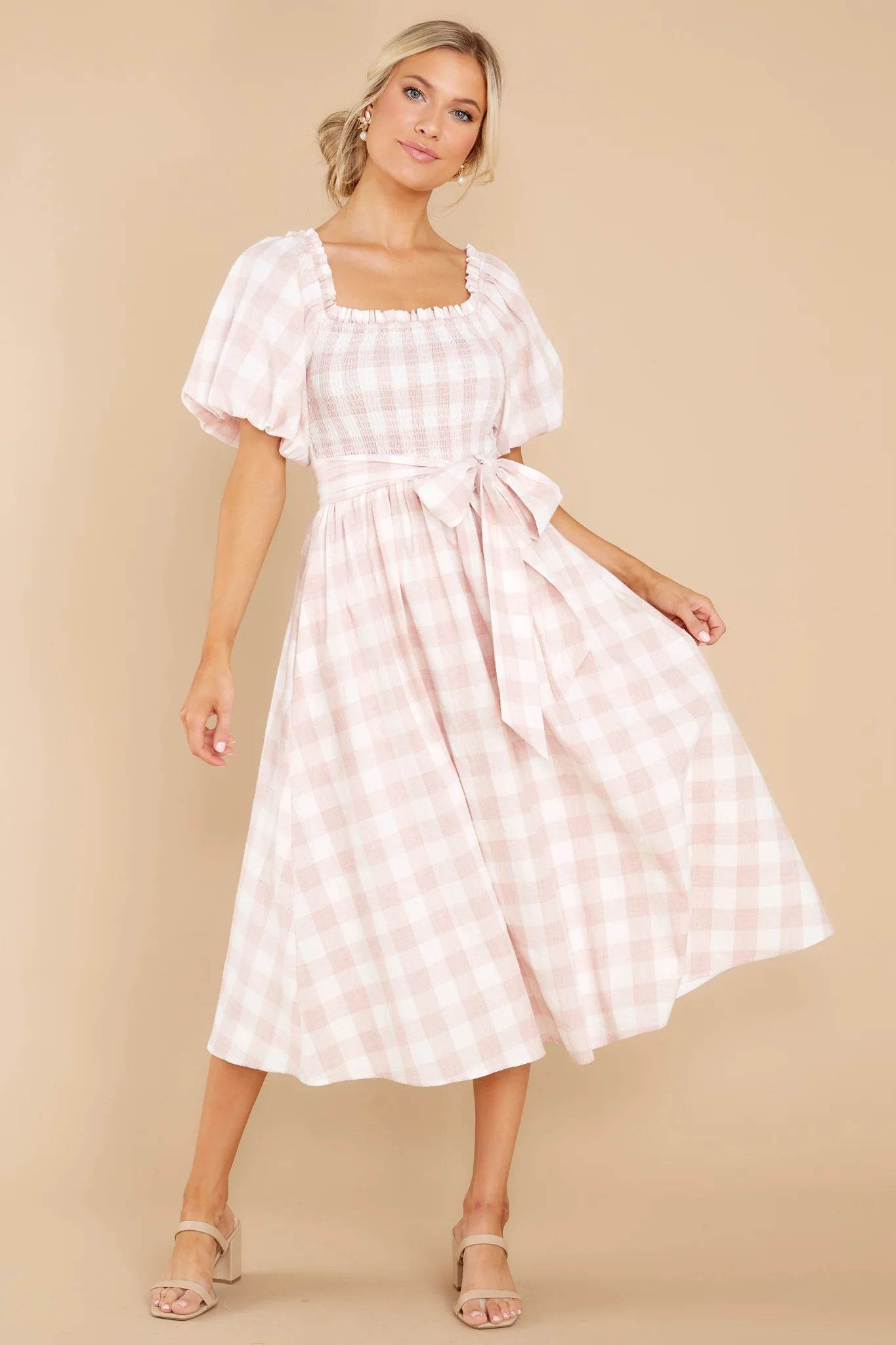 Graceful Song Pink Gingham Midi Dress | Red Dress 