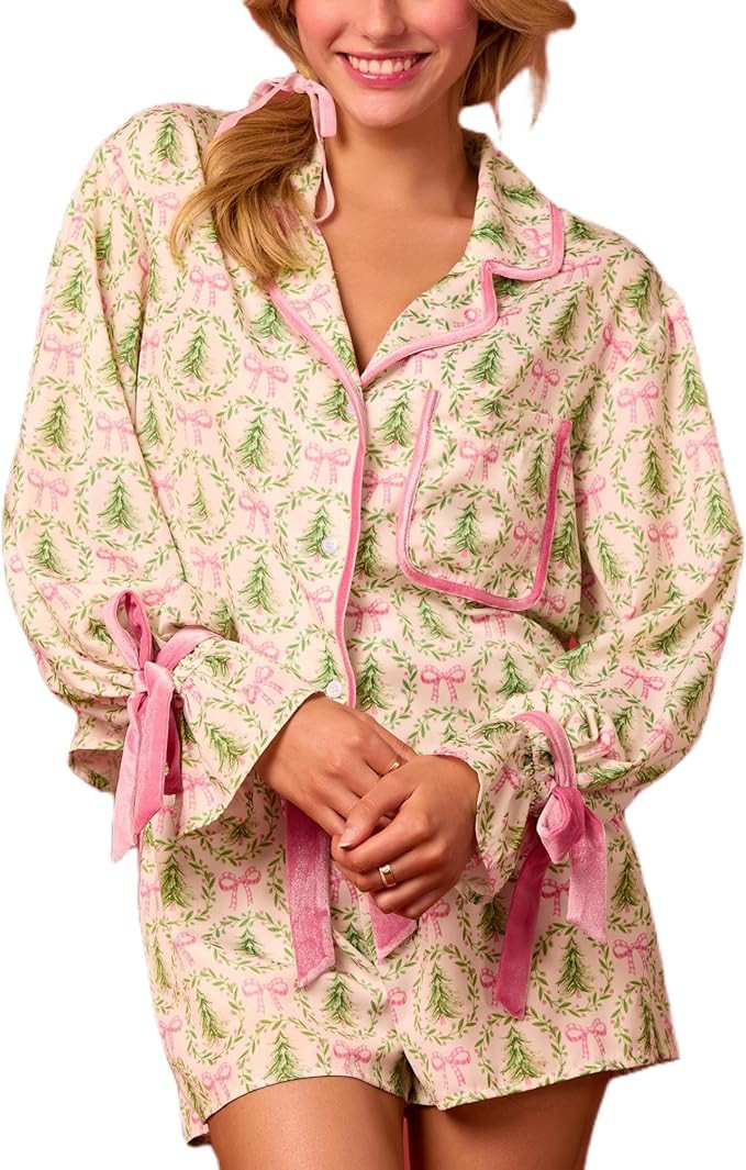 Women Christmas 2 Piece Pajamas Set Y2k Bow Tie Long Sleeve Shirt Wide Leg Pants Cute Print Match... | Amazon (US)