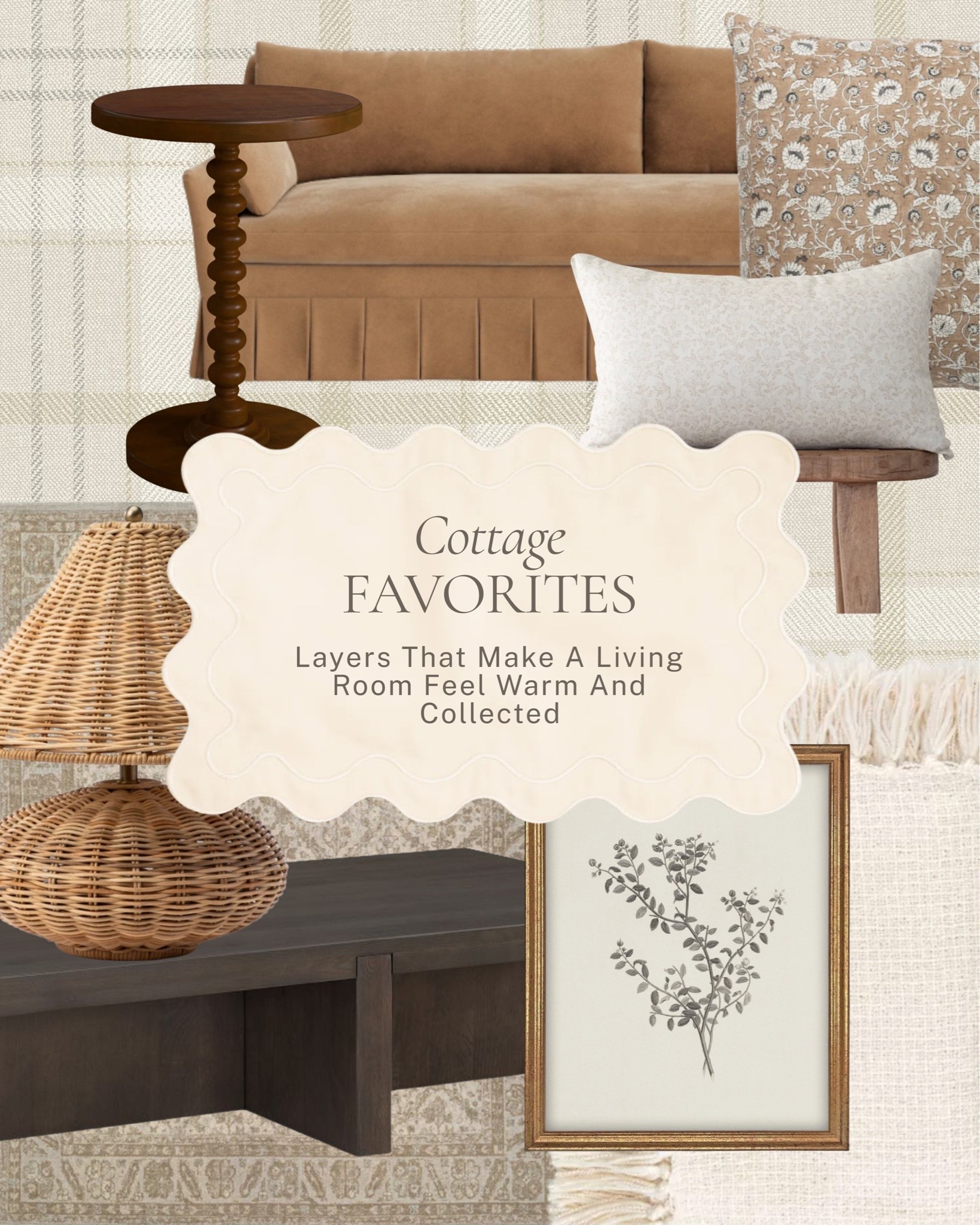 Layers that make a living room feel warm and collected. A warm camel sofa, a spindle-leg side table, a botanical print in a gold frame, and a chunky knit throw, small layers that add up to a room that feels finished without feeling overdone.

Shop the pieces here! #LTKhome