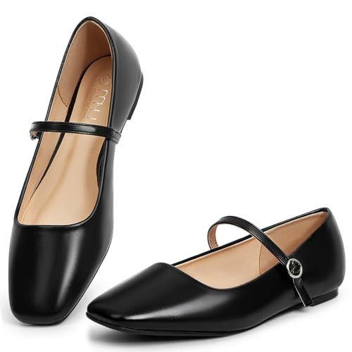 MUSSHOE Mary Jane Flats for Women: Classic Square Toe Ballet Flats with Strap - Comfortable Dressy Shoes for Teachers & Office, Black 7 | Amazon (US)