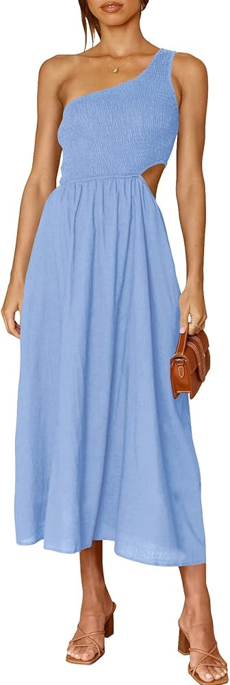 ANRABESS Women's Summer Sleeveless Smocked One Shoulder Cutout Sundress Flowy A-Line Beach Long Maxi | Amazon (US)