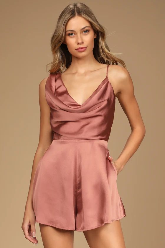 Likely Lover Rusty Rose Satin Asymmetrical Cowl Neck Romper | Lulus (US)