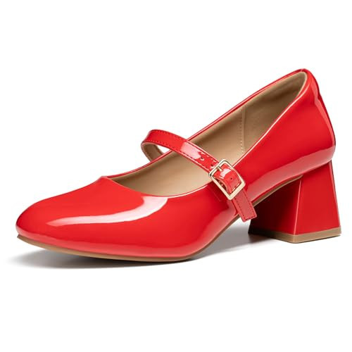 Trary Mary Jane Shoes Women Chunky Heels for Women Round Toe Pumps Dress Shoes Red | Amazon (US)