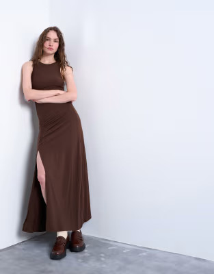 Topshop ruched maxi dress in chocolate brown | ASOS (Global)