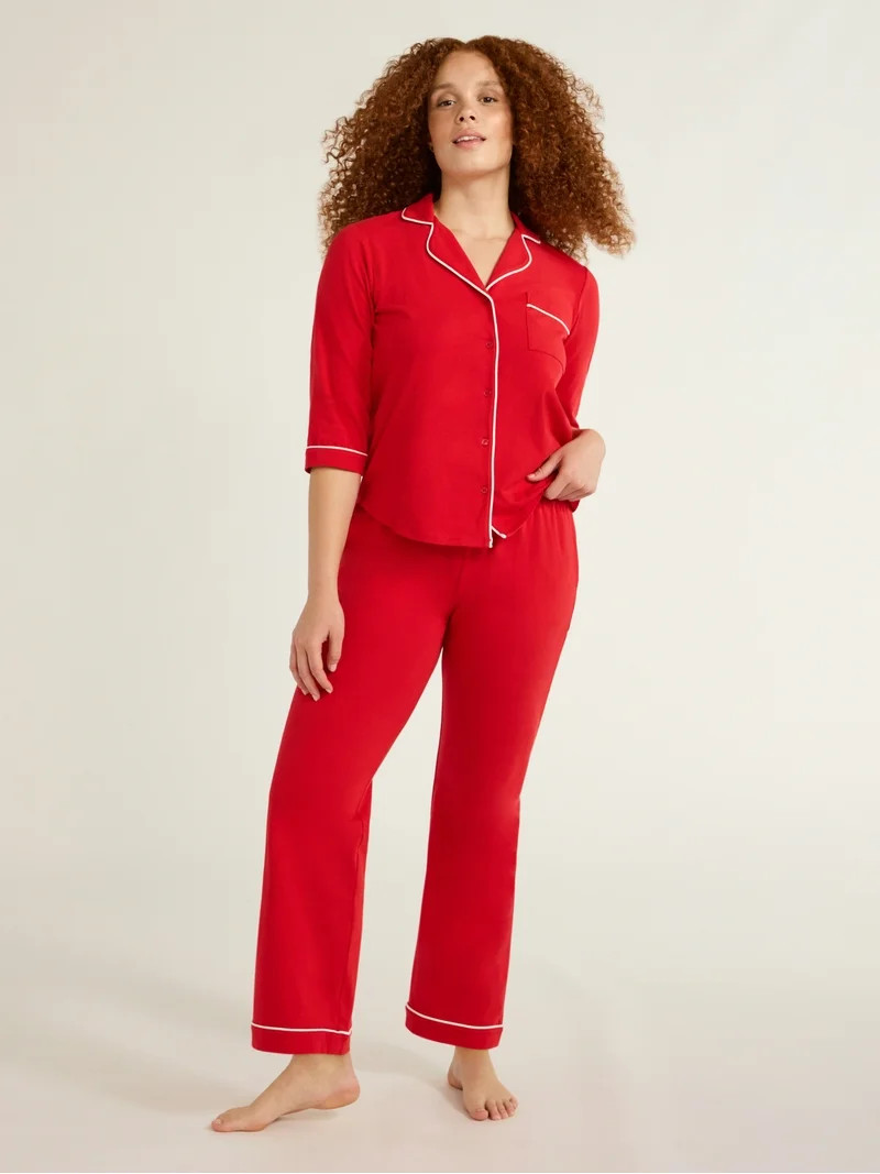 Joyspun Women’s and Women’s Plus Cotton Blend Notch Collar Pajama Set, 2-Piece, Sizes XS to 4... | Walmart (US)