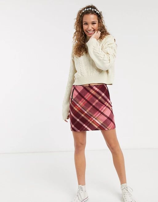 Oasis mini skirt with pockets in pink check | ASOS (Global)