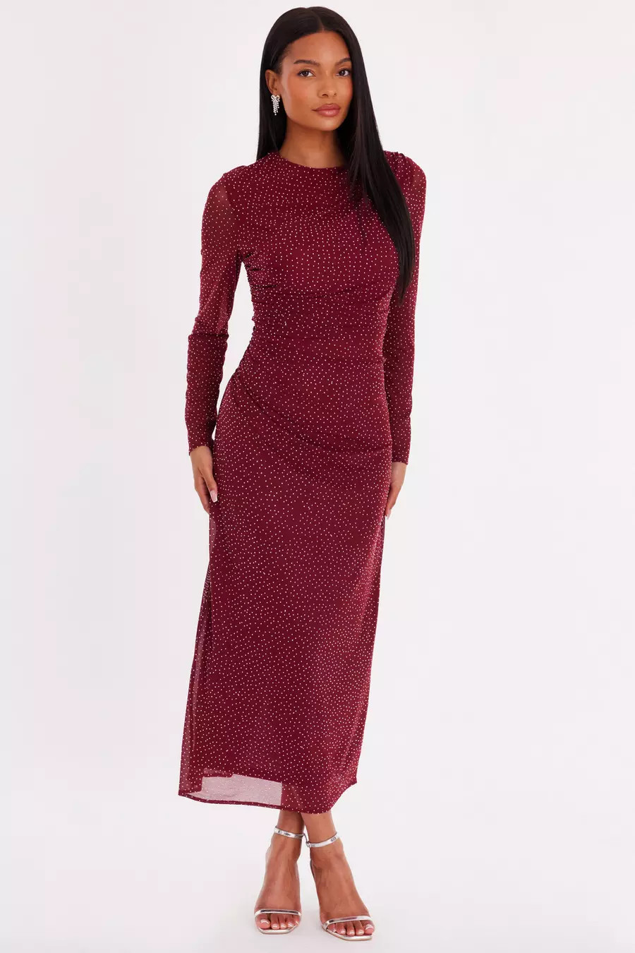Burgundy Mesh Diamante Midaxi Dress | Quiz Clothing