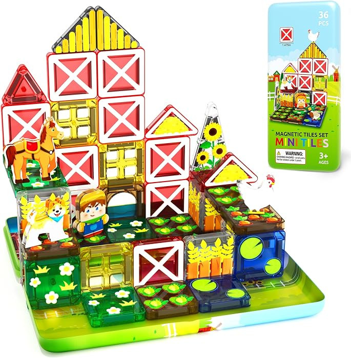 ORZbb Mini Magnetic Tiles Farm Animal Toys Toddler Travel Essentials Set with Case, Kids Magnetic... | Amazon (US)
