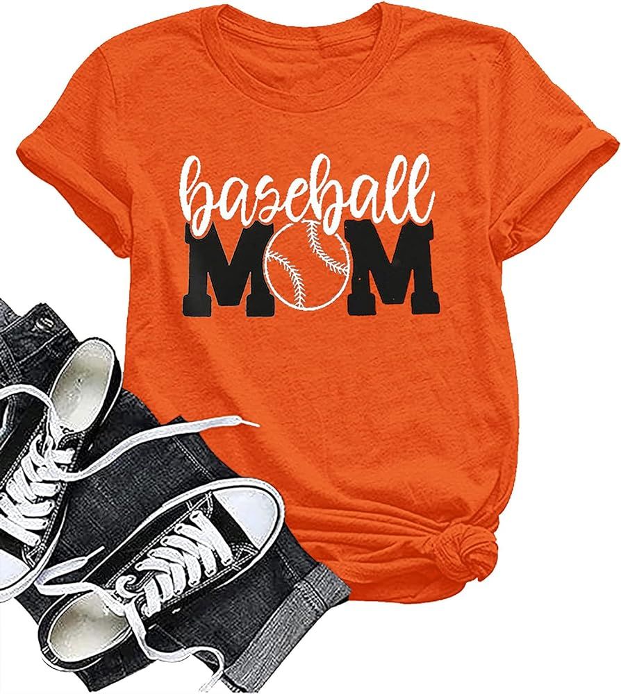 Baseball Mom Shirt Womens Mom Shirt Short Sleeve O-Neck Letter Print Casual Tops Tees | Amazon (US)