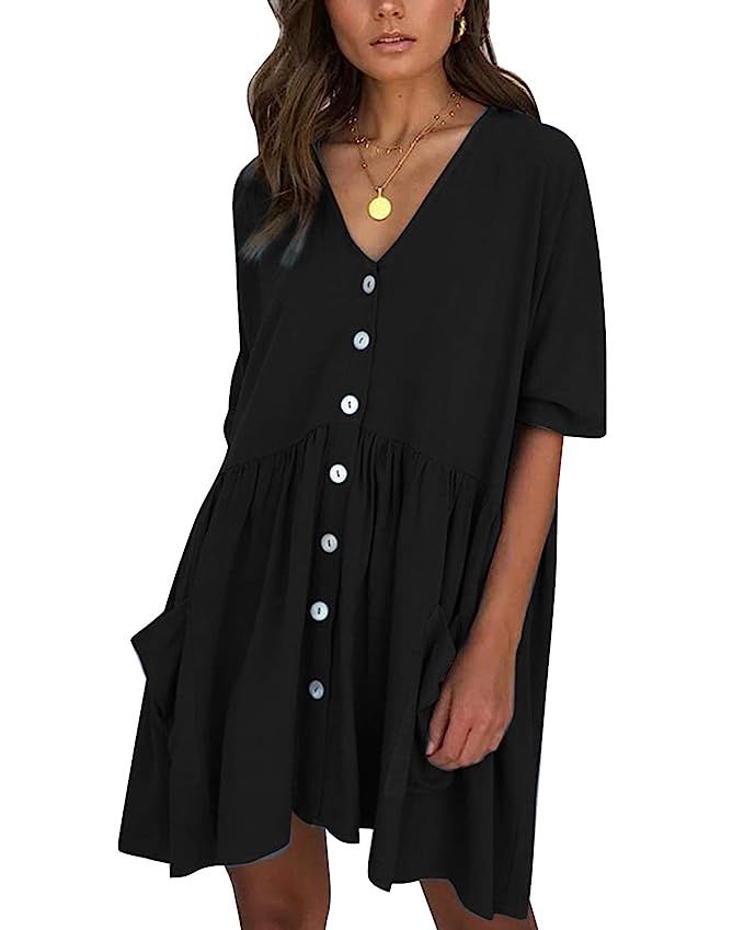 LANISEN Babydoll Dresses for Women,Casual Half Sleeve Button Down Loose Tunic Tops Dress | Amazon (US)