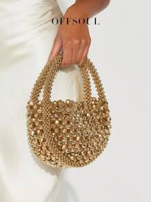French Elegant Hollow Metallic Beaded Woven Pearl Round Handle Bag, Shiny Glamorous Shoulder Bag ... | SHEIN