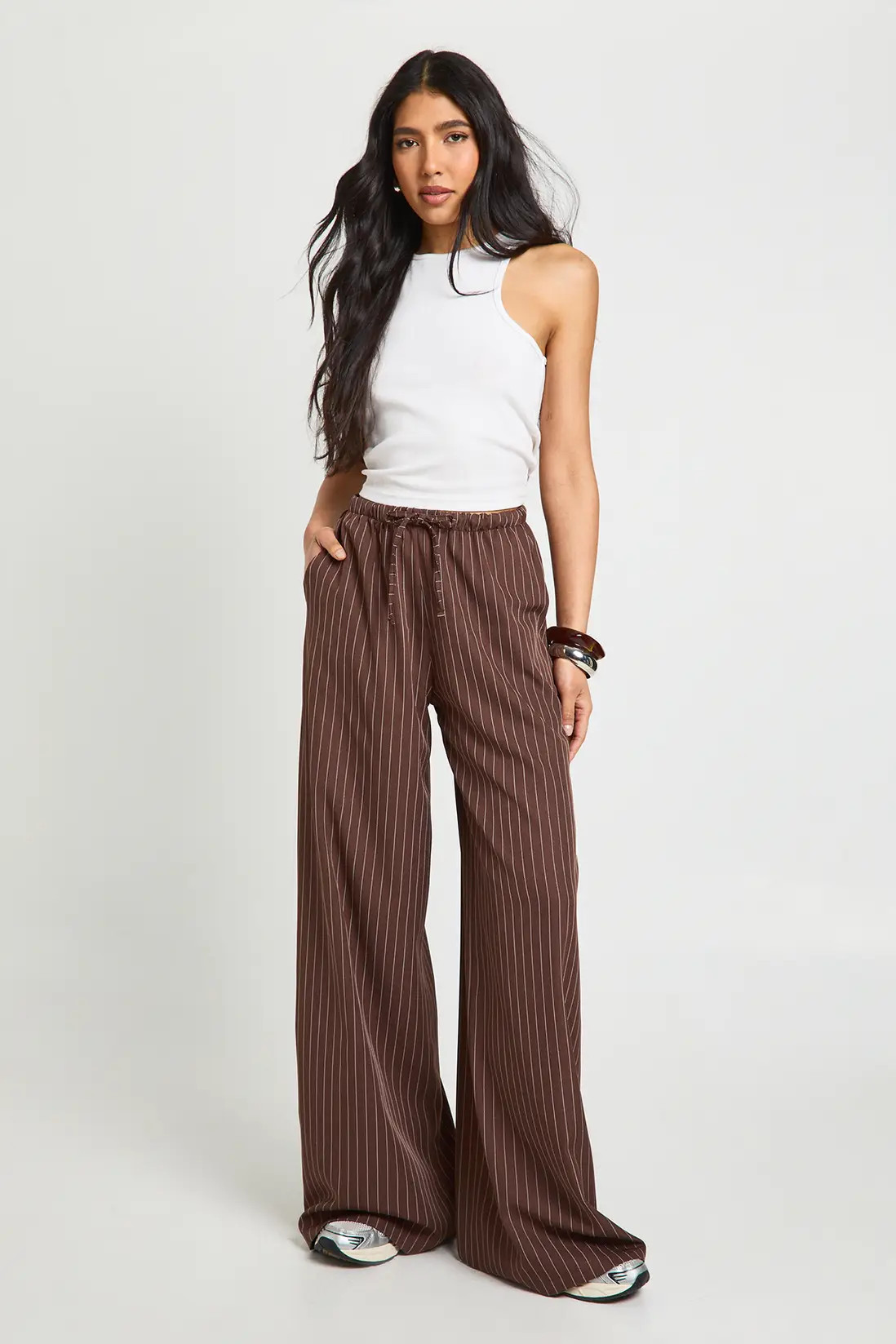 Chocolate Tall Drawstring Stripe Wide Leg Trousers | Boohoo USA | boohoo (US & Canada)