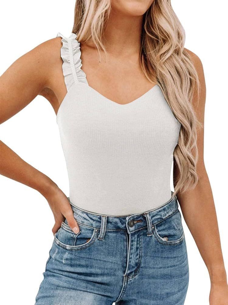 PINKMSTYLE Womens Ruffle Strap Square Neck Tank Tops Slim Ribbed Sleeveless Shirt Blouses | Amazon (US)