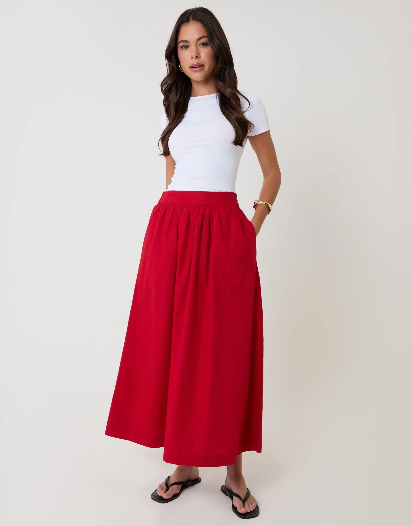 Linen Blend Gathered Midaxi Skirt in Red | Threadbare UK