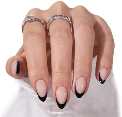 BTArtbox Press On Nails Short - Black French, Almond Press On Nails with Glue and Adhesive Tabs f... | Amazon (US)
