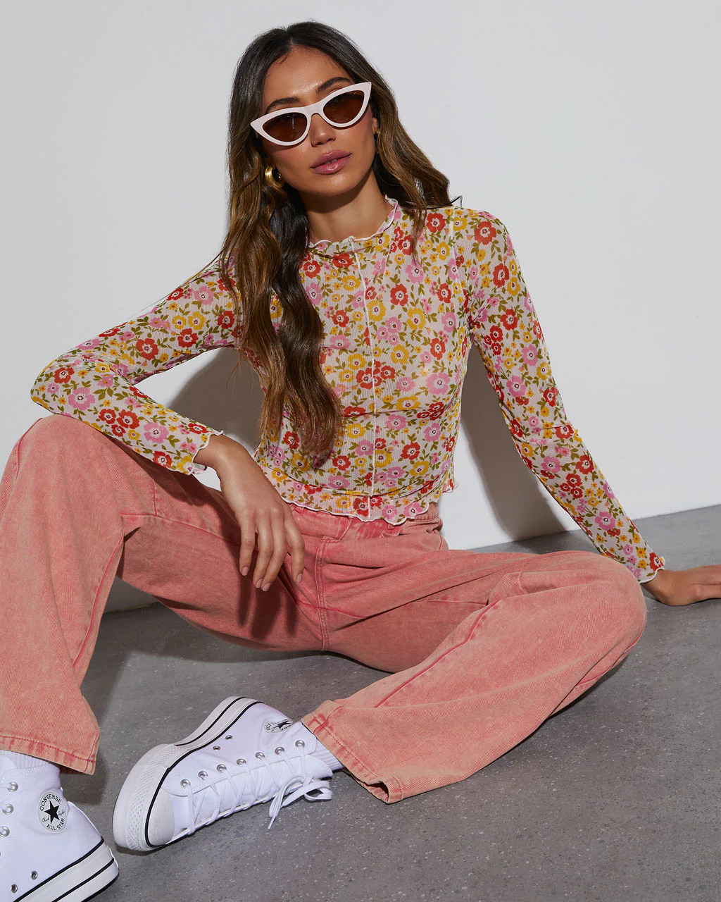 Feeling Good Sheer Floral Lettuce Hem Top | VICI