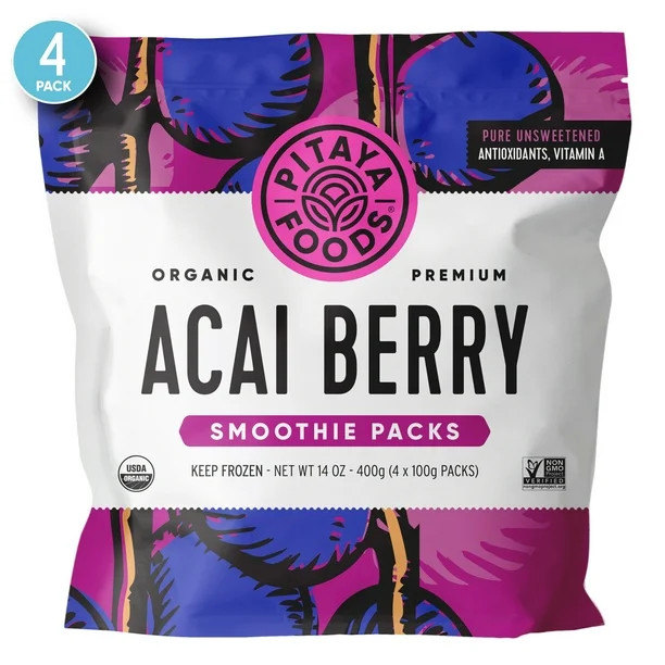 Pitaya Foods Frozen Organic Unsweetened Acai Fruit Smoothie Mix Packs, 14oz, 4pk | Walmart (US)