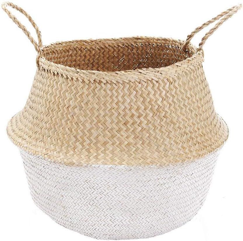 Foldable Medium White Bottom Seagrass Belly Basket with Handles for Storage, Nursery Laundry Tote... | Amazon (US)