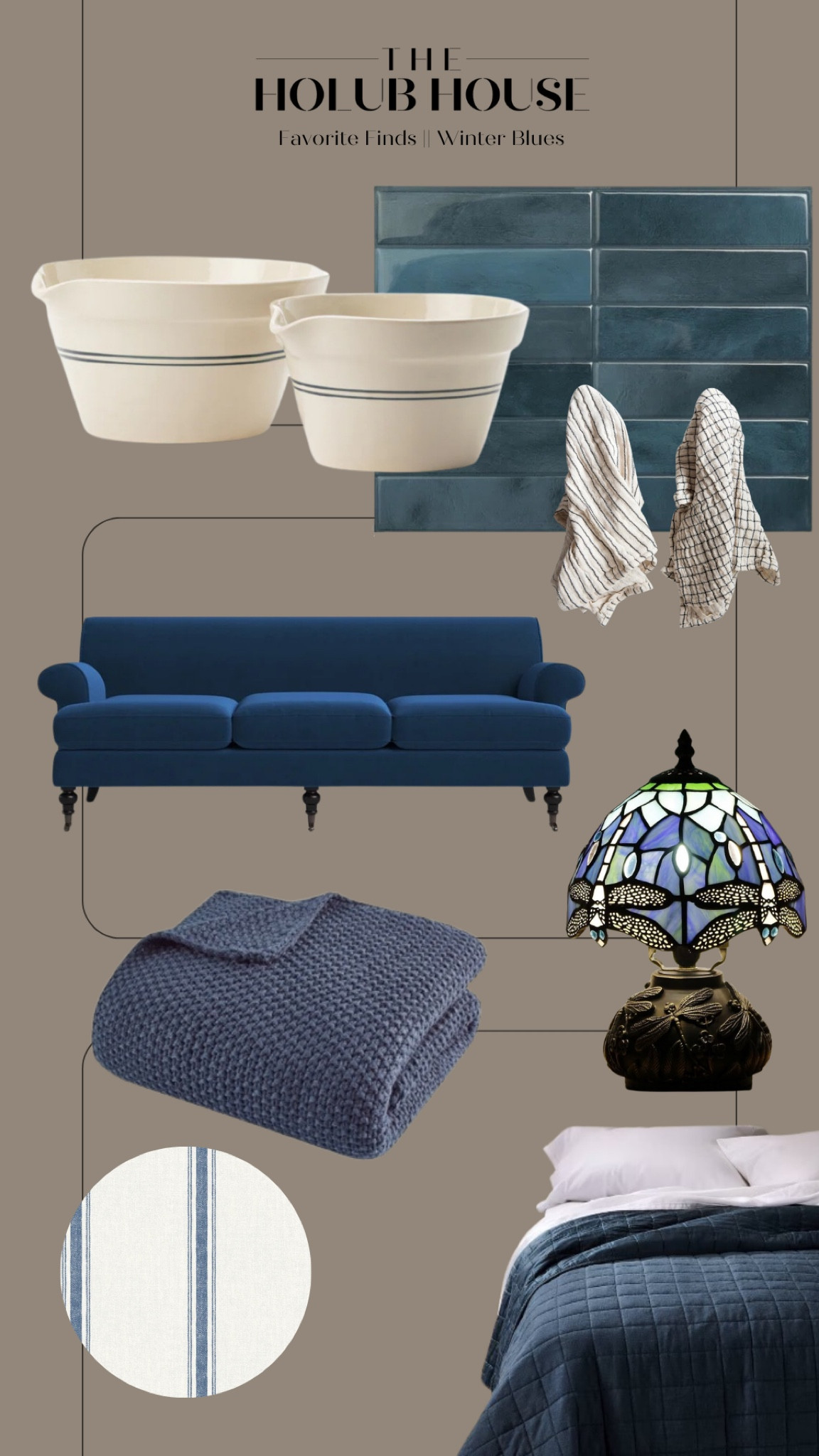 Favorite Finds || Winter Blues Edition 

Blue upholstered sofa, striped wallpaper, small stained glass Tiffany dragonfly desk lamp, heavyweight linen blend quilt, knit throw blanket, peel and stick gel backsplash tile, cotton tea towel set, Everett ceramic mixing bowls.

#LTKHome